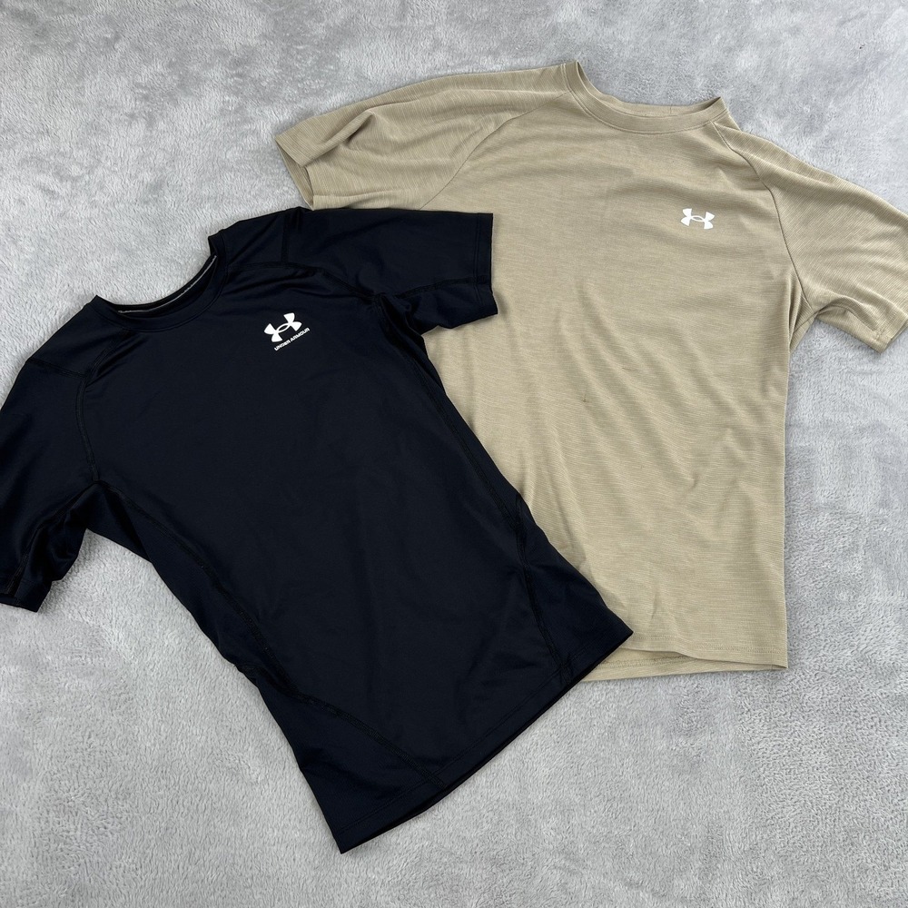 Under Armour HeatGear Compression Tech T-Shirt Lot of 2 M Black Tan Men Gym